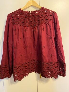 Time and Tru Burgundy Eyelet Lace Long Sleeve Blouse